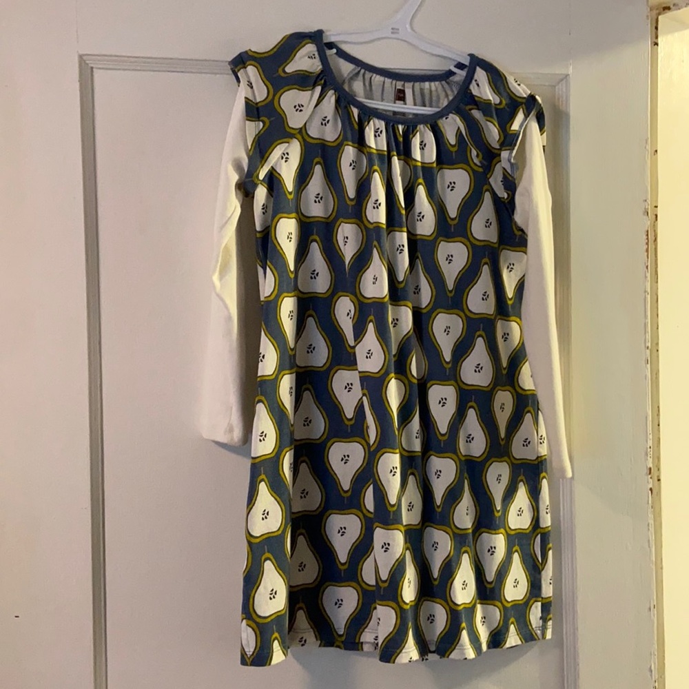 Tea Collection dress, pears motif in dark teal. Size 8. New without tags.